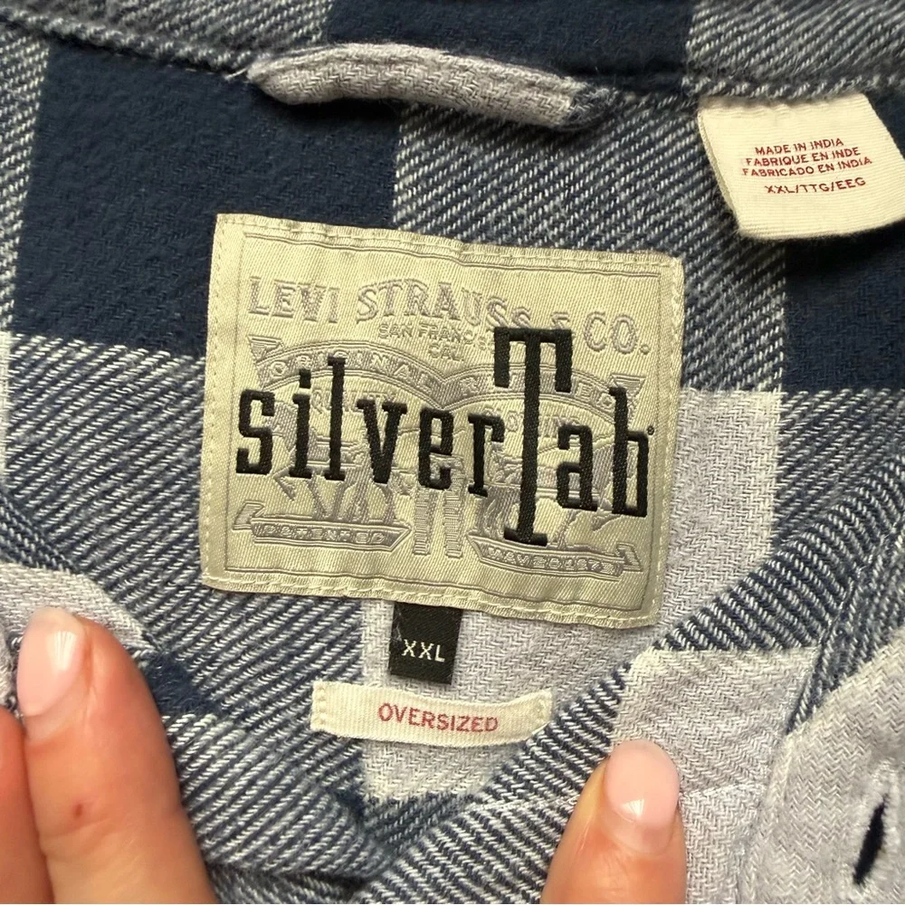 Levi’s SilverTab Men’s XXL 100% Cotton Flannel Shirt Blue White Buffalo Plaid - Picture 10 of 11